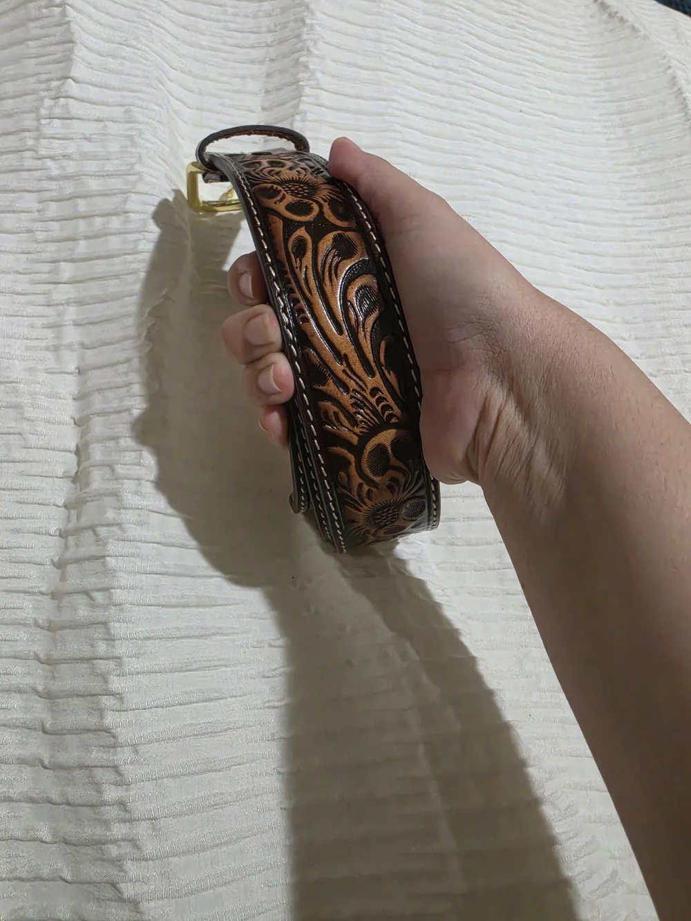 Brown Tooled Leather Women's Belt with Gold Buckle
